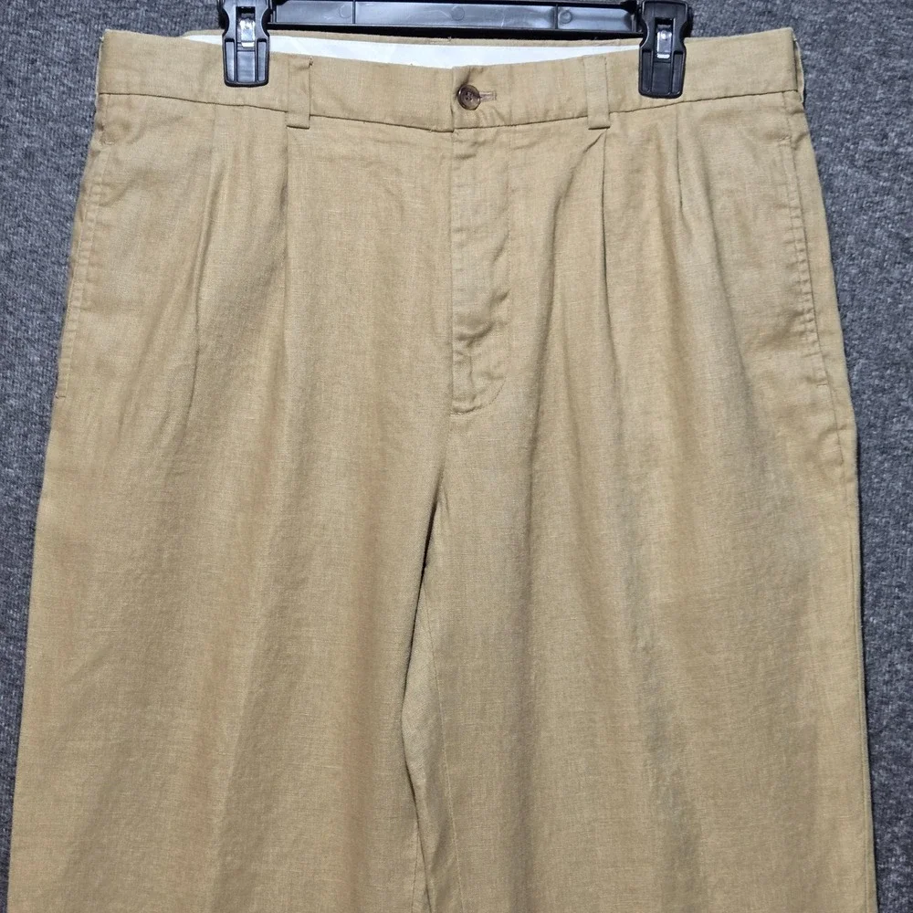 Brooks Brothers 346 Mens Linen Pants Size 35/32 W34 Khaki Pleated Pockets Cuffed